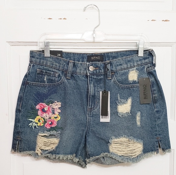 Buffalo David Bitton Pants - Mid Rise Cutoff Denim Embroidered Frayed Shorts